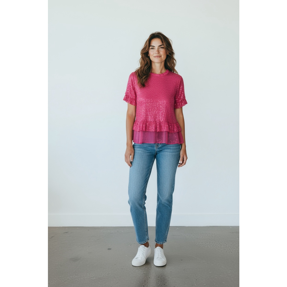 Women's Andre by Unit Hot Pink Sequin Ruffle Blouse Size L - Picture 3 of 6